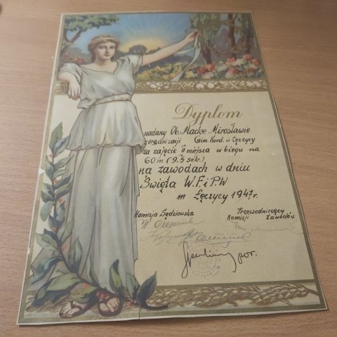 Dyplom z 1947 roku z zawodów w Łęczycy